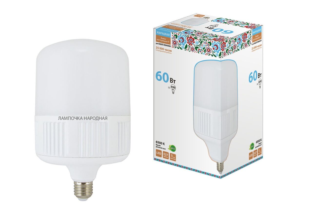 Лампа светодиодная T60 Вт-230 B 6500К Е27 Народная TDM