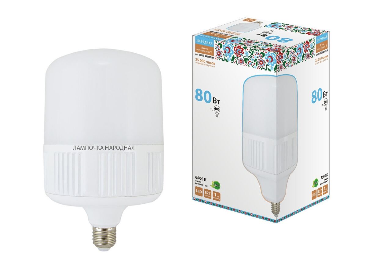 Лампа светодиодная T80 Вт-230 B 6500К Е27 Народная TDM