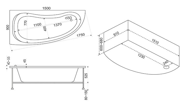 Ванна 1500х900 Алегра левая на каркасе+ножки+Экран Алегра