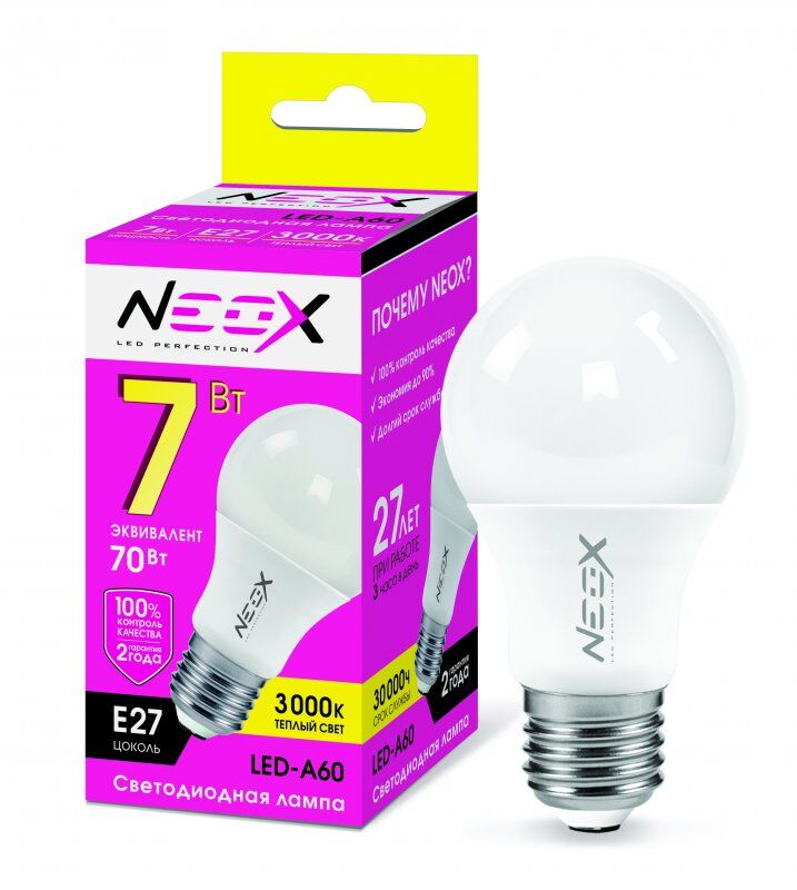Лампа LED-A60 7Вт 220В Е27 3000К 600Лм NEOX