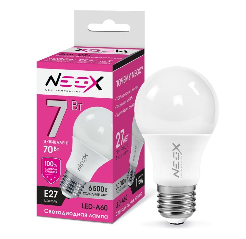 Лампа LED-A60 7Вт 230В Е27 6500К 560Лм NEOX