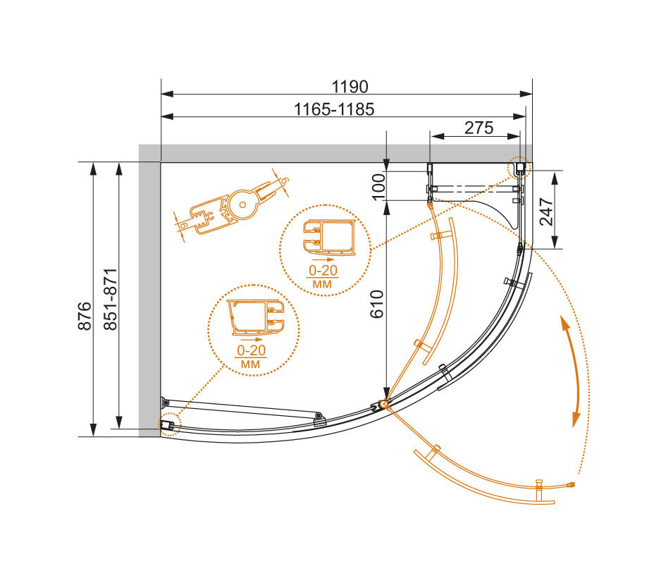 Уголок душевой ELENA-W-RH-1-120/90-C-Cr-L