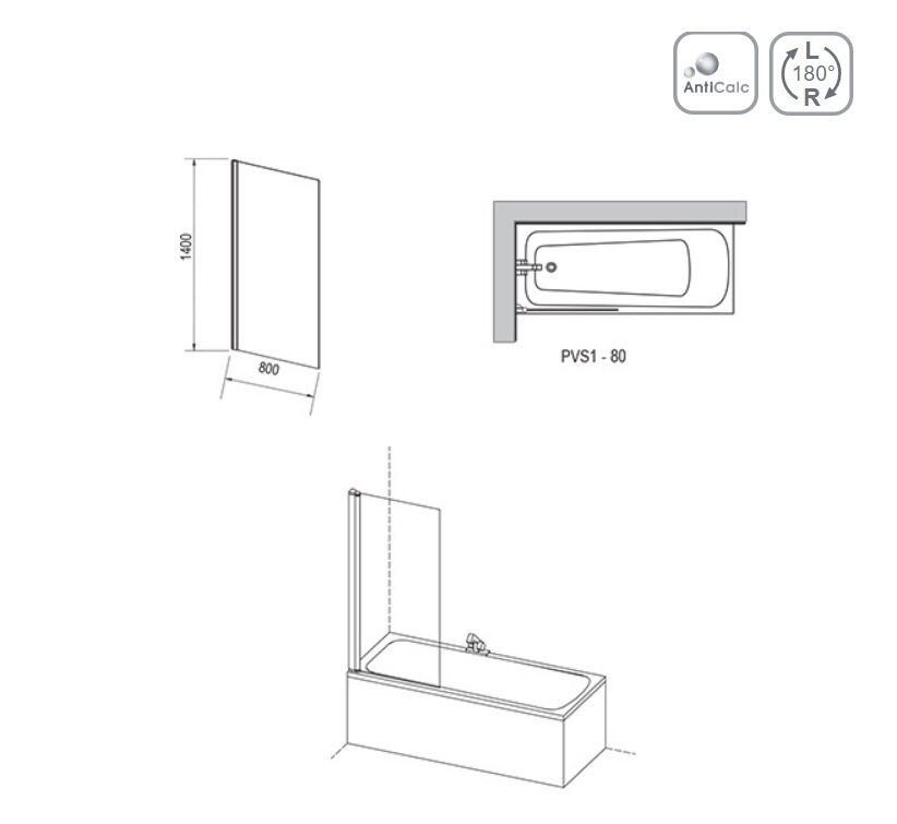 Шторка для ванны PVS1-80 79840U00Z1 RAVAK